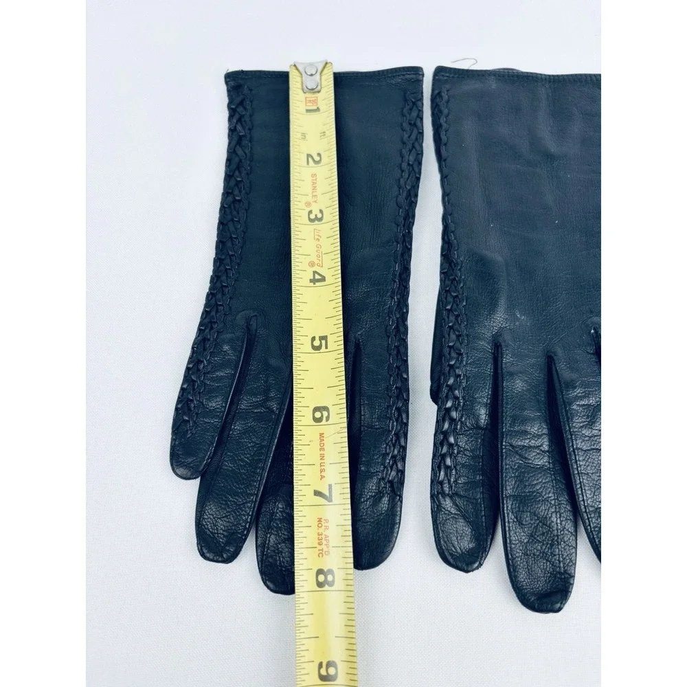 Vintage Madova Black Braided Kid Leather Women's Gloves Size 6.5 Florence Italy